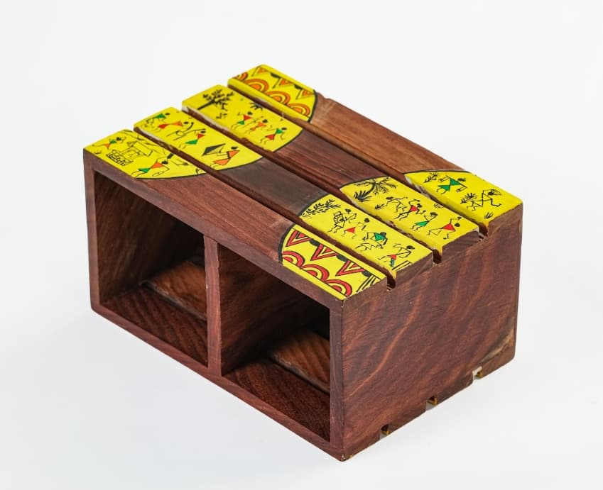 Aalokya Teak Wood Cutlery Holder – Worli Yellow (Small)