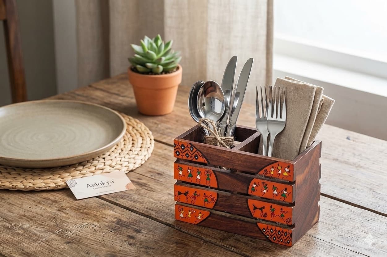 Aalokya Teak Wood Cutlery Holder – Warli Orange (Small)