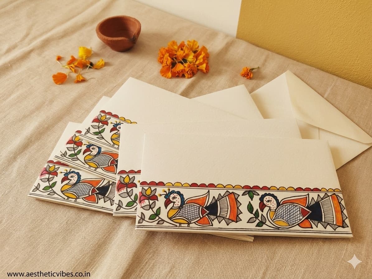 Hand-Painted Madhubani Peacock Gift Envelopes — Set Of 5