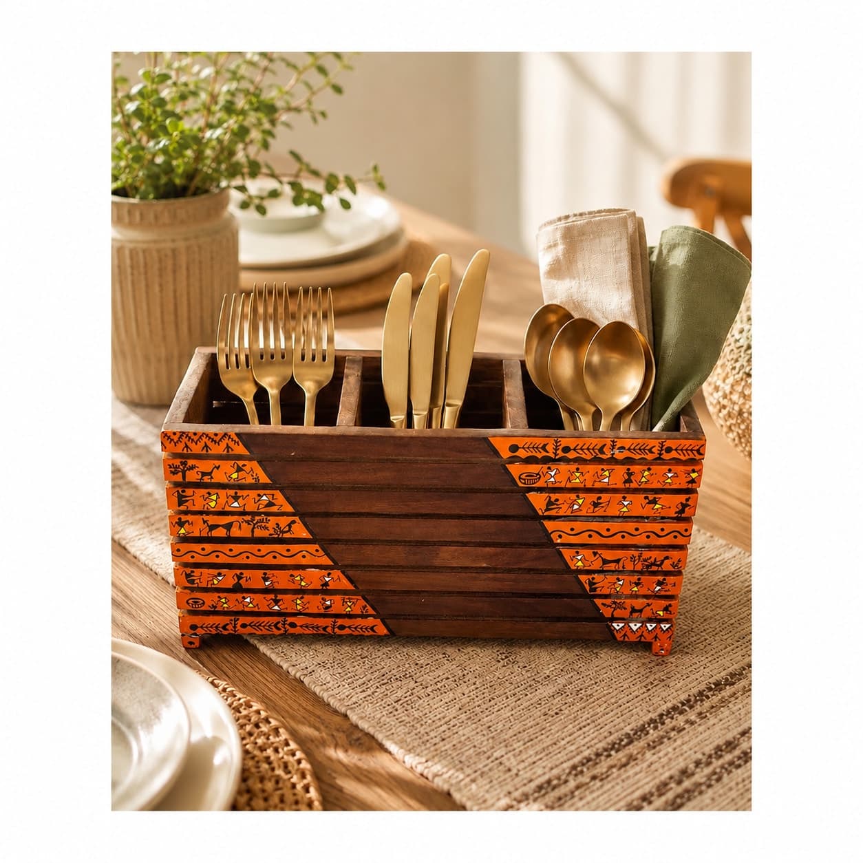 Aalokya Teak Wood Cutlery Holder – Warli Orange (Big)