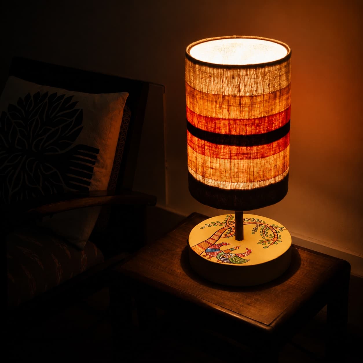 Gond Art Bedside Lamp – Hand-Painted Wooden Base