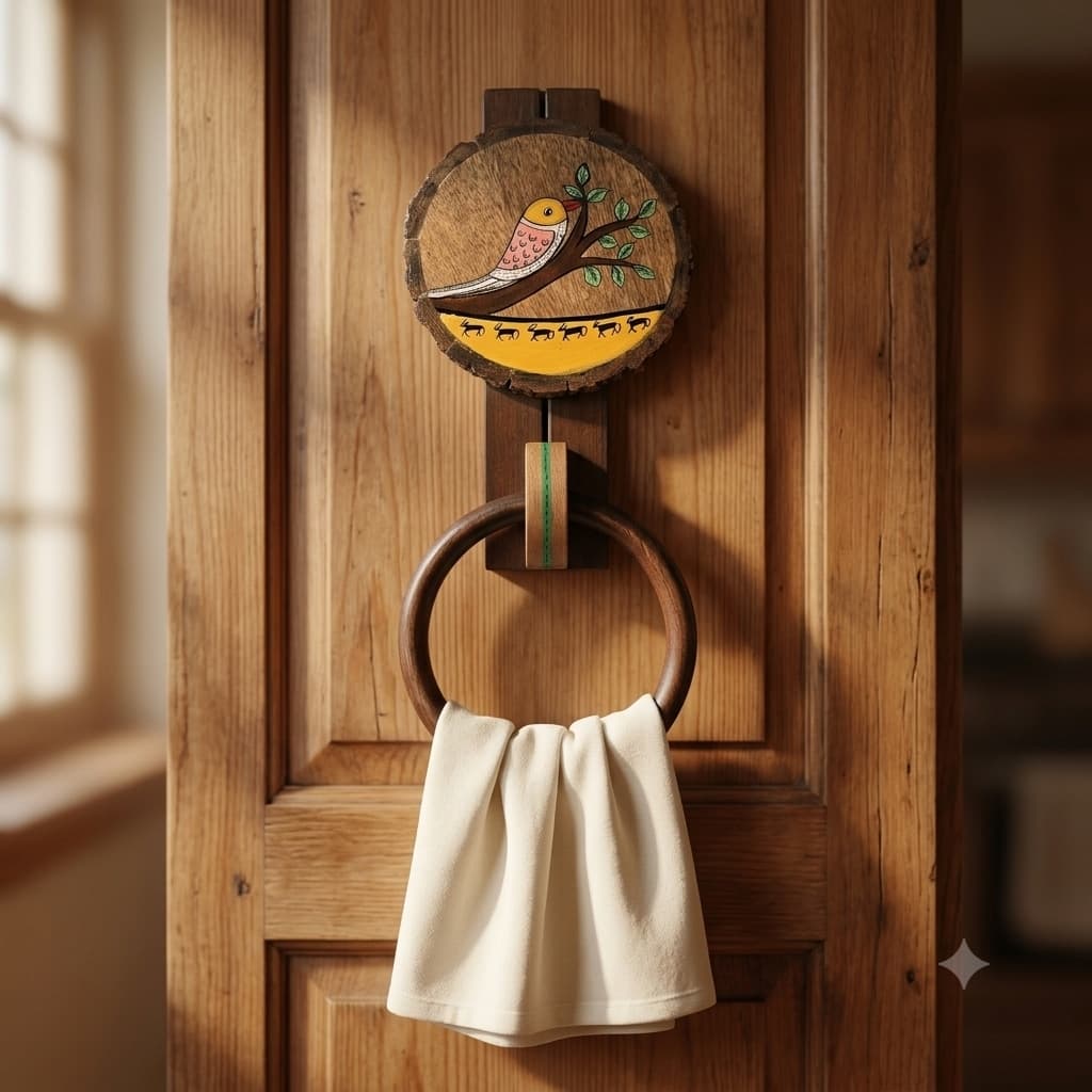 “Madhubani Songbird & Deer” Wooden Towel Ring