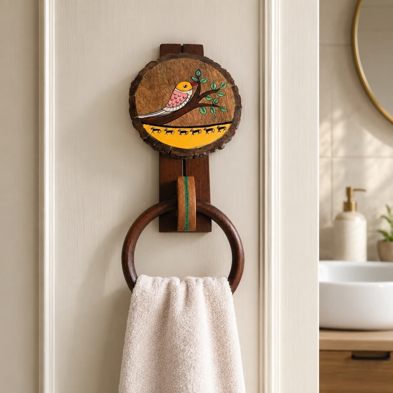 “Madhubani Songbird & Deer” Wooden Towel Ring