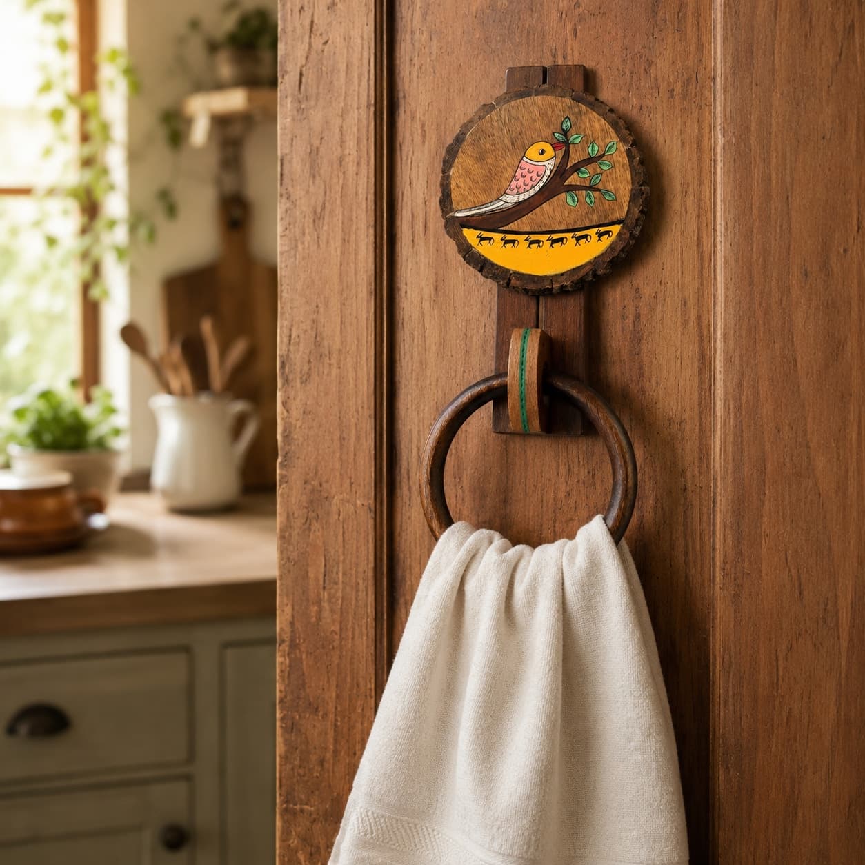“Madhubani Songbird & Deer” Wooden Towel Ring