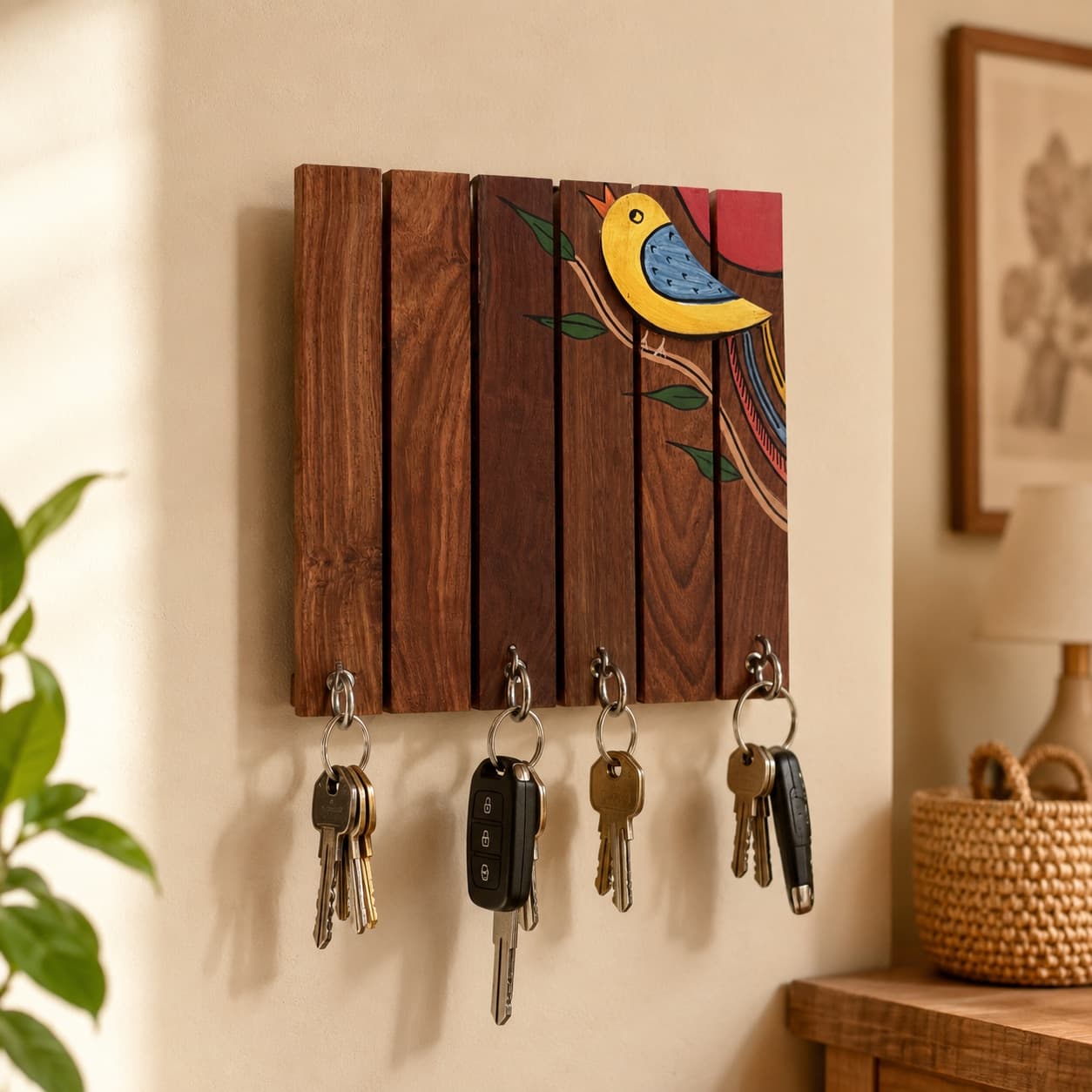 The Perch — Hand-Painted Bird Key Holder (4 Hooks)