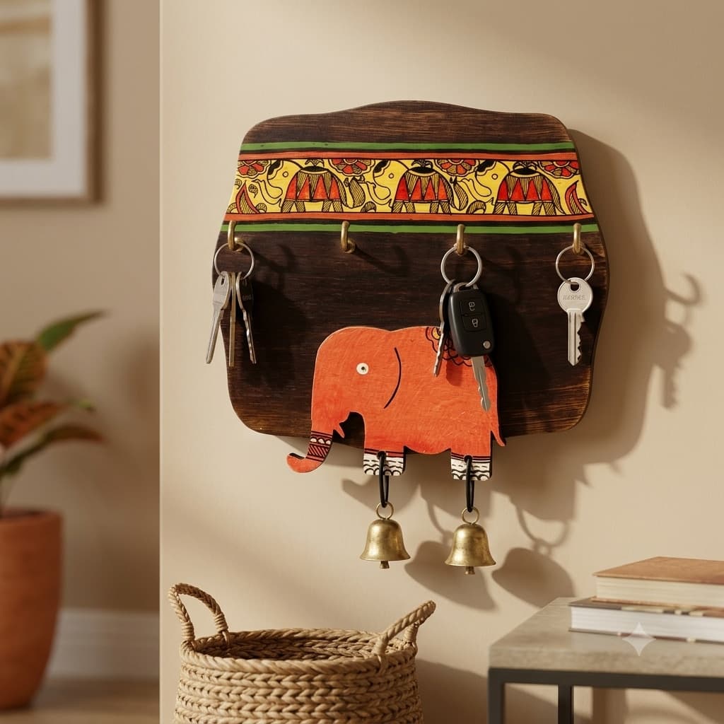 “Handcrafted Wooden Key Holder For Wall – Hand-Painted Elephant Design With 4 Brass Hooks & 2 Brass Bells”