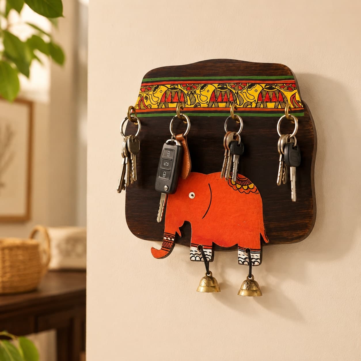 “Handcrafted Wooden Key Holder For Wall – Hand-Painted Elephant Design With 4 Brass Hooks & 2 Brass Bells”