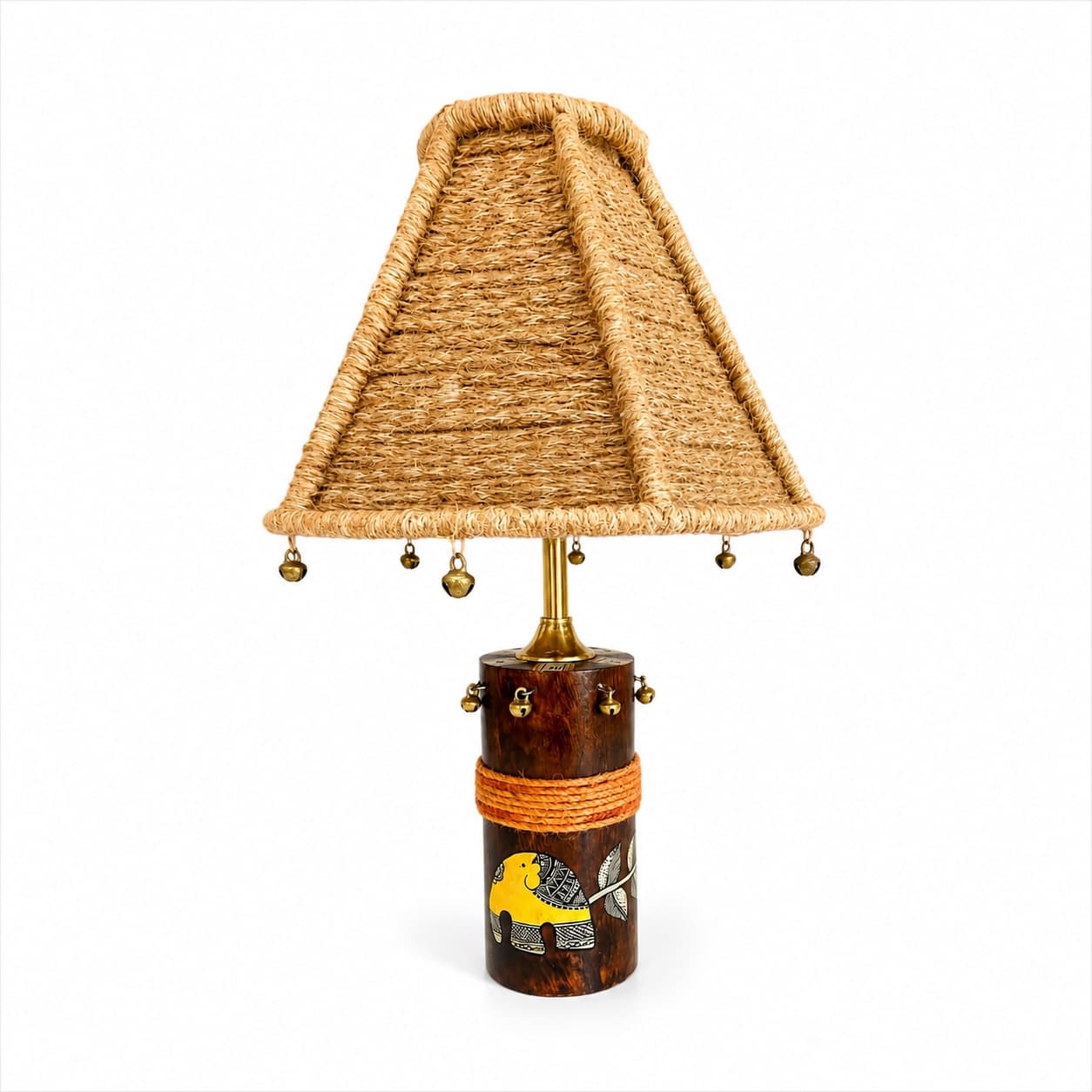 Madhubani Elephant Table Lamp — Solid Wood Base, Jute-Wrapped Shade & Cowrie Shell Accents