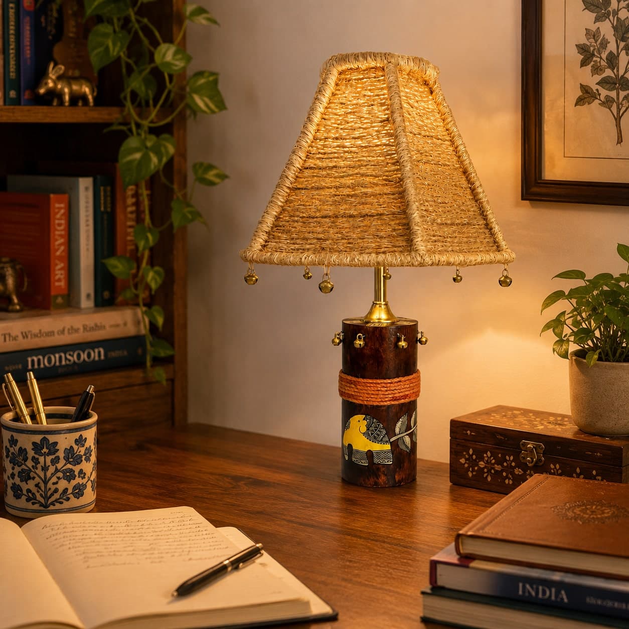 Madhubani Elephant Table Lamp — Solid Wood Base, Jute-Wrapped Shade & Cowrie Shell Accents