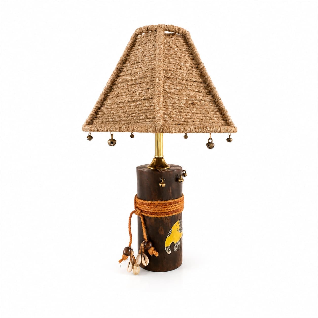 Madhubani Elephant Table Lamp — Solid Wood Base, Jute-Wrapped Shade & Cowrie Shell Accents