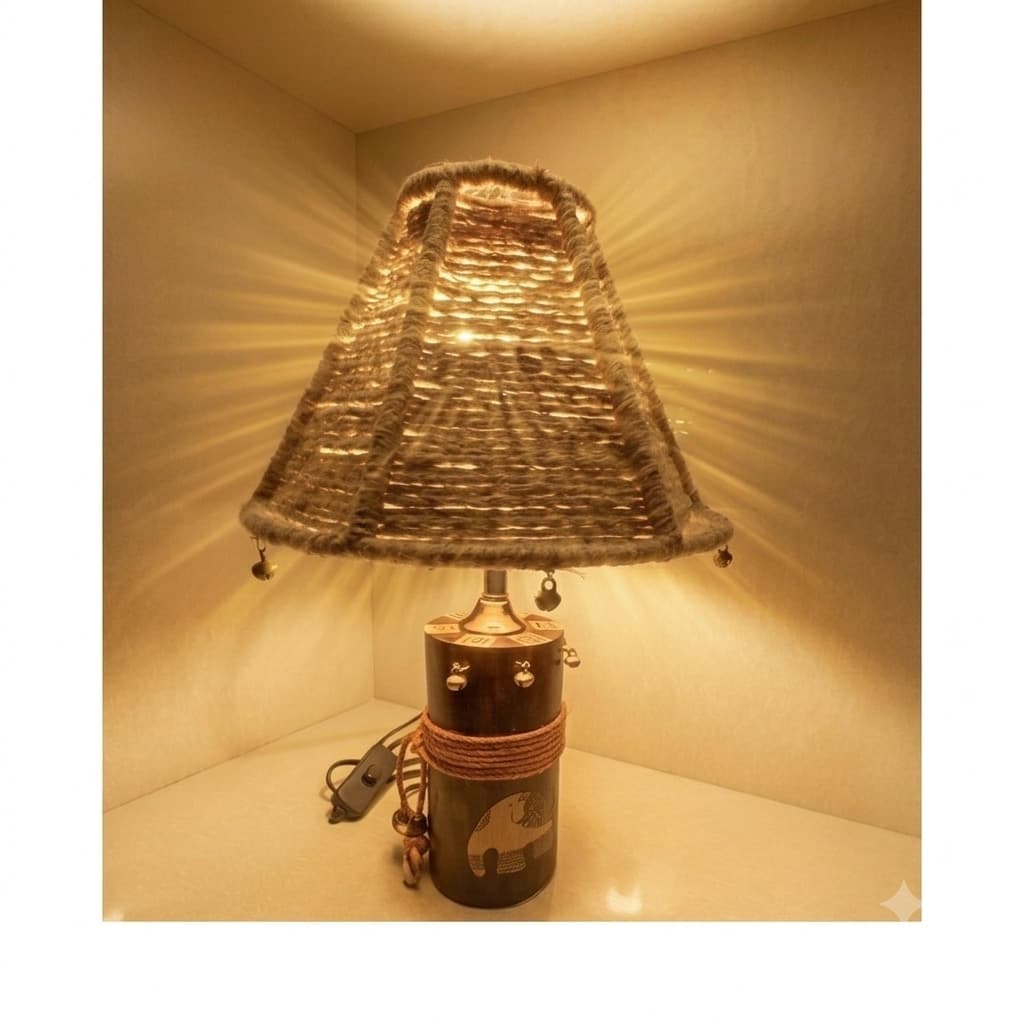 Madhubani Elephant Table Lamp — Solid Wood Base, Jute-Wrapped Shade & Cowrie Shell Accents