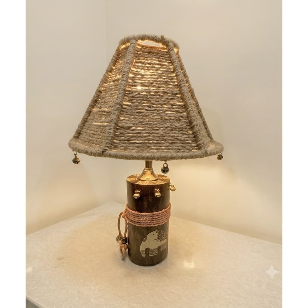 Madhubani Elephant Table Lamp — Solid Wood Base, Jute-Wrapped Shade & Cowrie Shell Accents