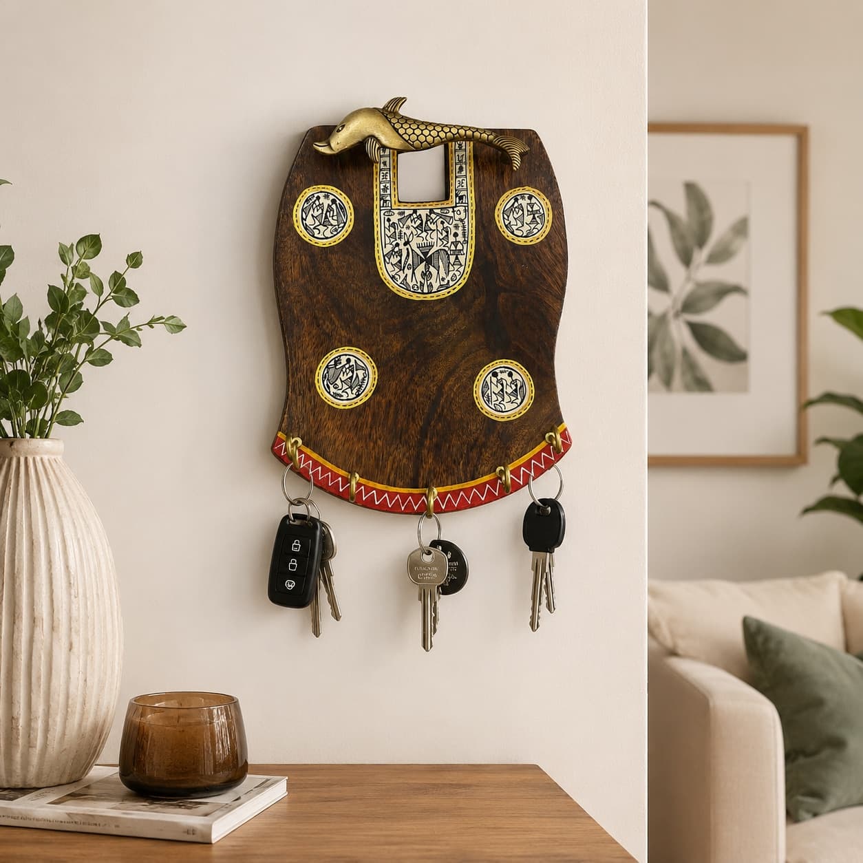 Matsya Charm — Hand-Painted Wooden Key Holder With Solid Brass Fish Hook