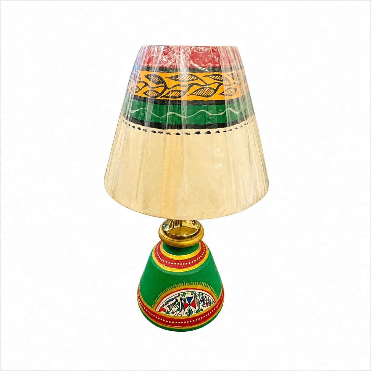 Handpainted Terracotta Table Lamp – Green Base With Warli Art & Tribal Print Shade
