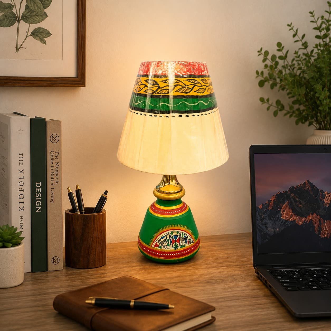 Handpainted Terracotta Table Lamp – Green Base With Warli Art & Tribal Print Shade