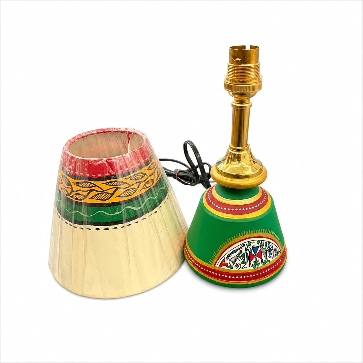 Handpainted Terracotta Table Lamp – Green Base With Warli Art & Tribal Print Shade