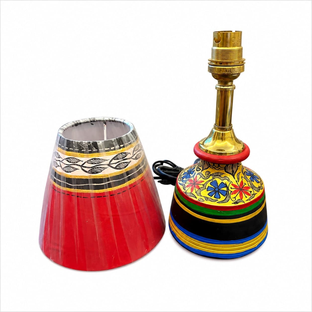 Handpainted Terracotta Table Lamp With  Red Shade – Madhubani Style Floral Base