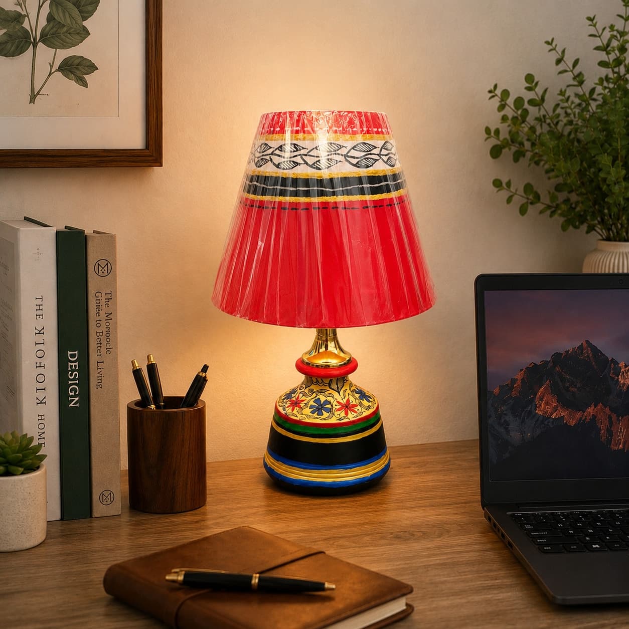 Handpainted Terracotta Table Lamp With  Red Shade – Madhubani Style Floral Base