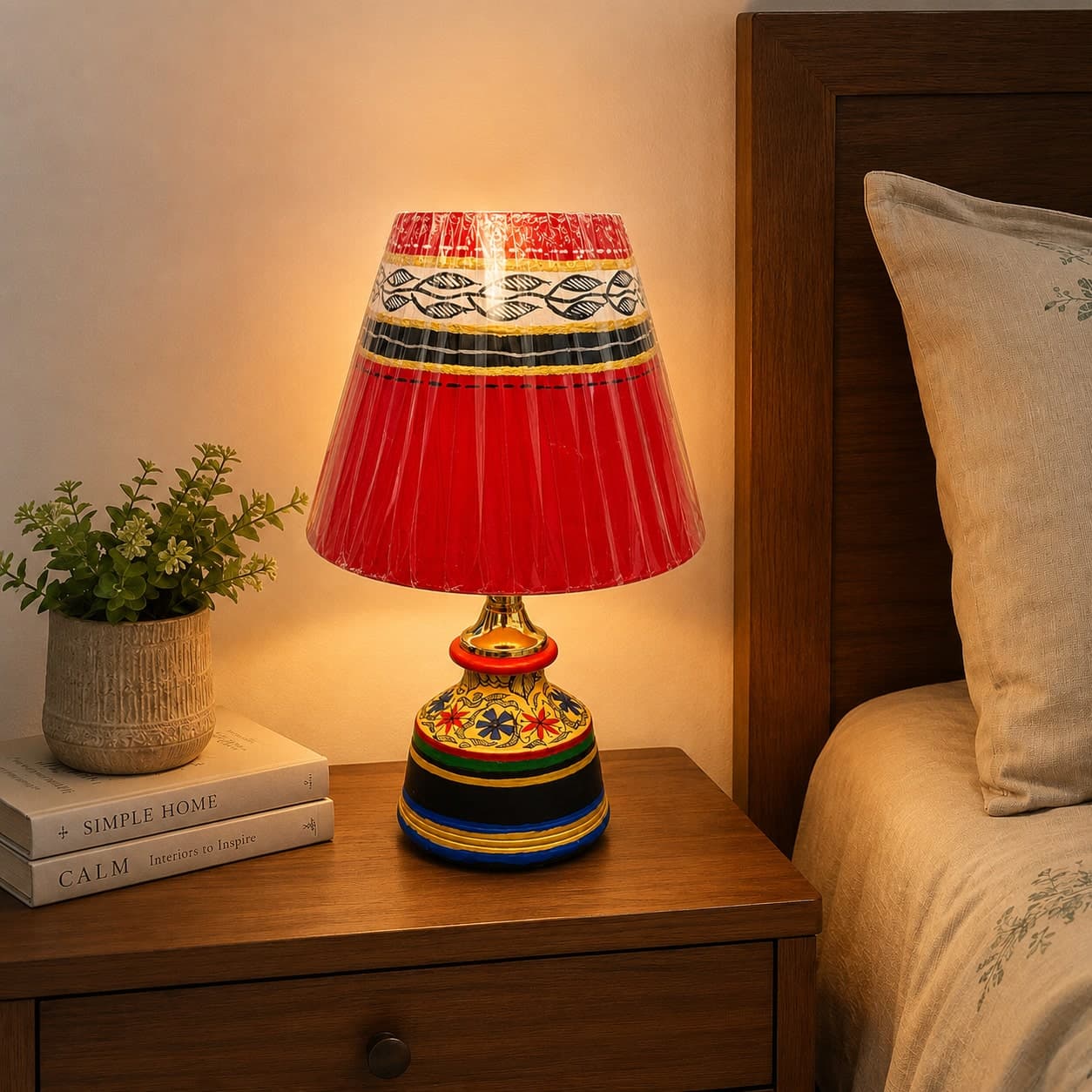 Handpainted Terracotta Table Lamp With  Red Shade – Madhubani Style Floral Base