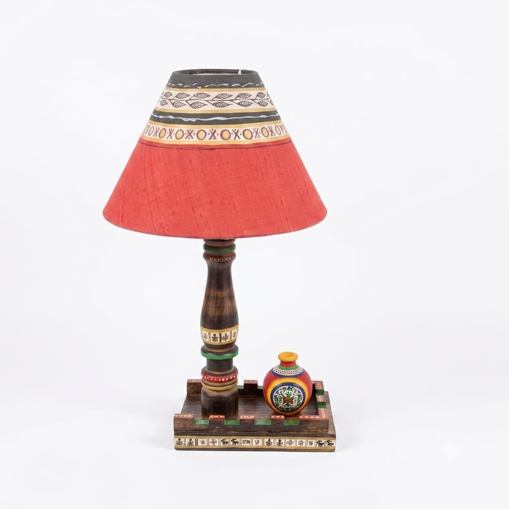 Handcrafted Wooden Table Lamp With Hand-Painted Terracotta Pot | Tribal Warli Art