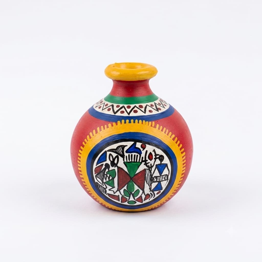 Handcrafted Wooden Table Lamp With Hand-Painted Terracotta Pot | Tribal Warli Art
