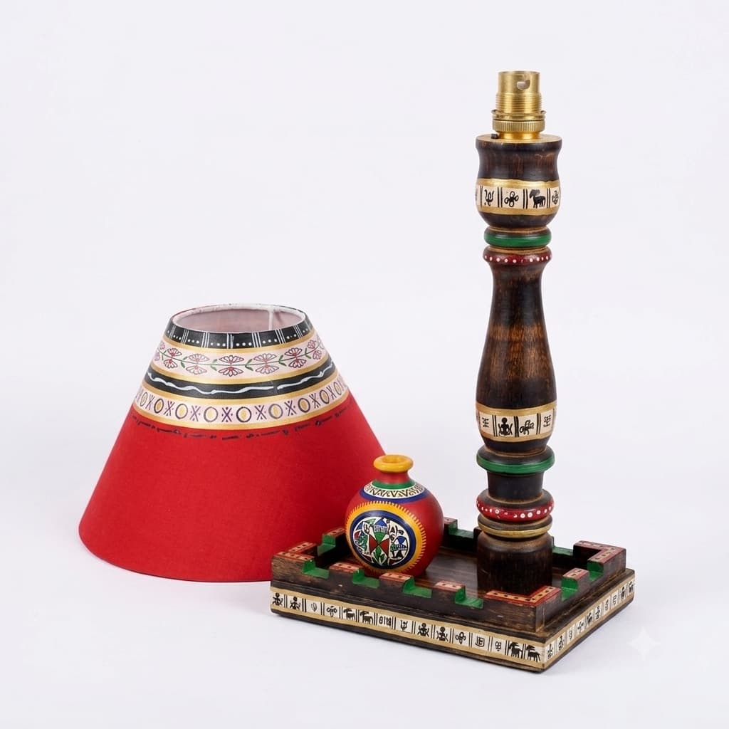 Handcrafted Wooden Table Lamp With Hand-Painted Terracotta Pot | Tribal Warli Art