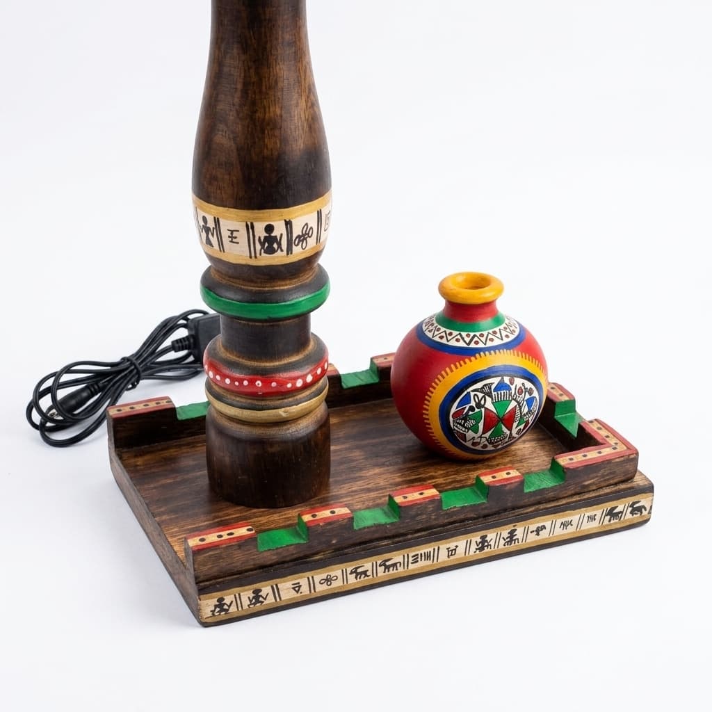 Handcrafted Wooden Table Lamp With Hand-Painted Terracotta Pot | Tribal Warli Art