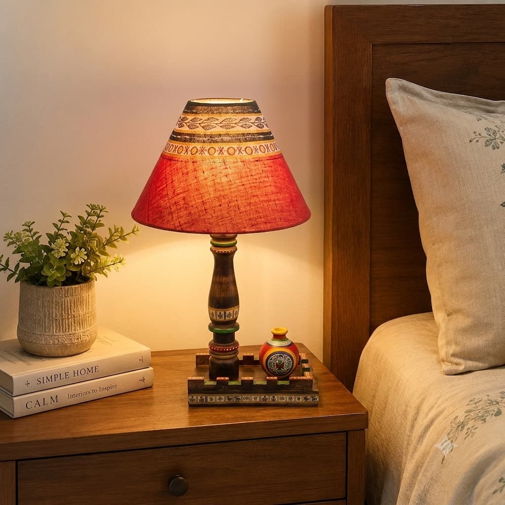 Handcrafted Wooden Table Lamp With Hand-Painted Terracotta Pot | Tribal Warli Art