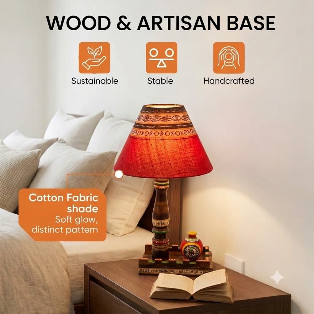 Handcrafted Wooden Table Lamp With Hand-Painted Terracotta Pot | Tribal Warli Art