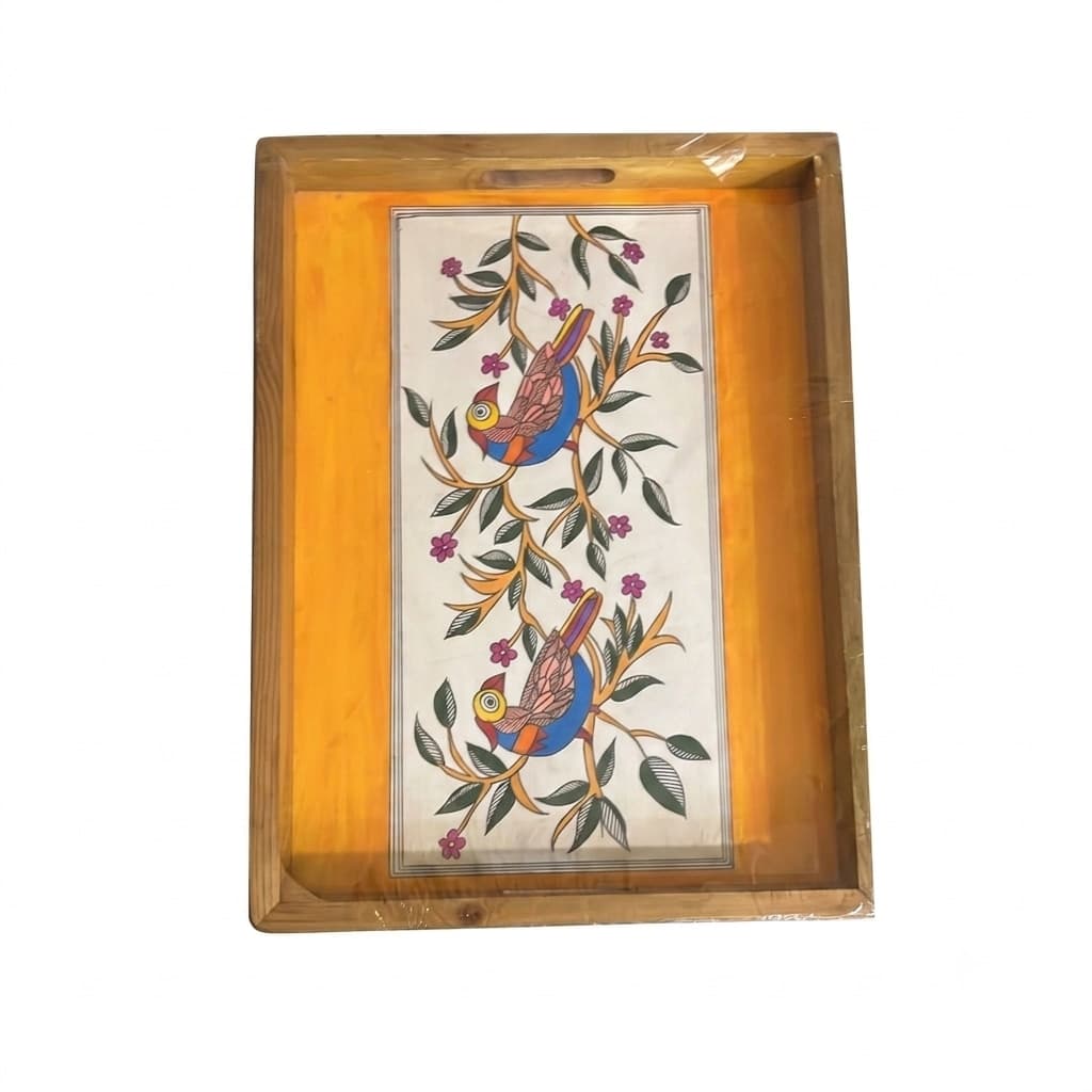 Rangriti Teak Wood Tray With 4 Coasters – Madhubani Bird Blossom