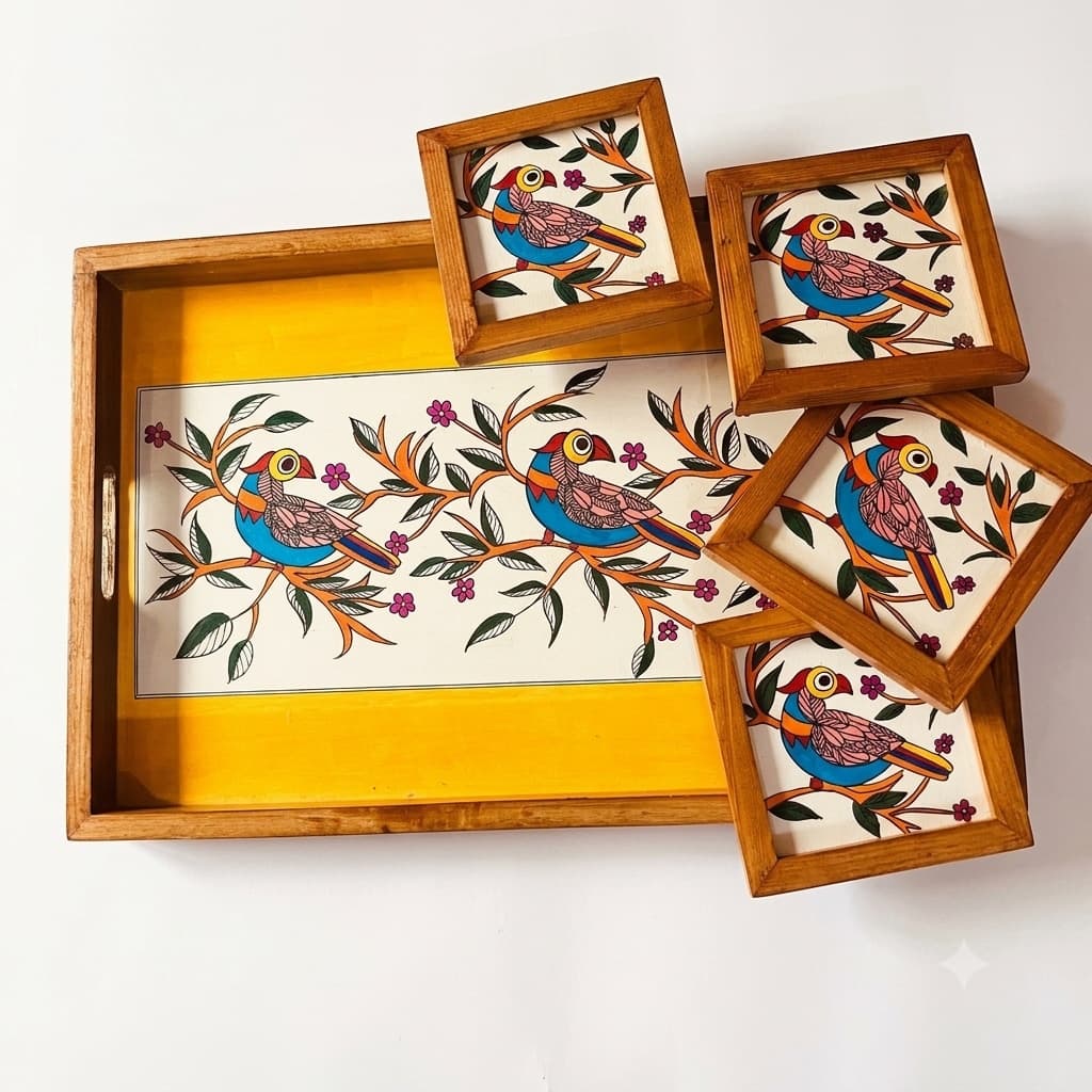 Rangriti Teak Wood Tray With 4 Coasters – Madhubani Bird Blossom