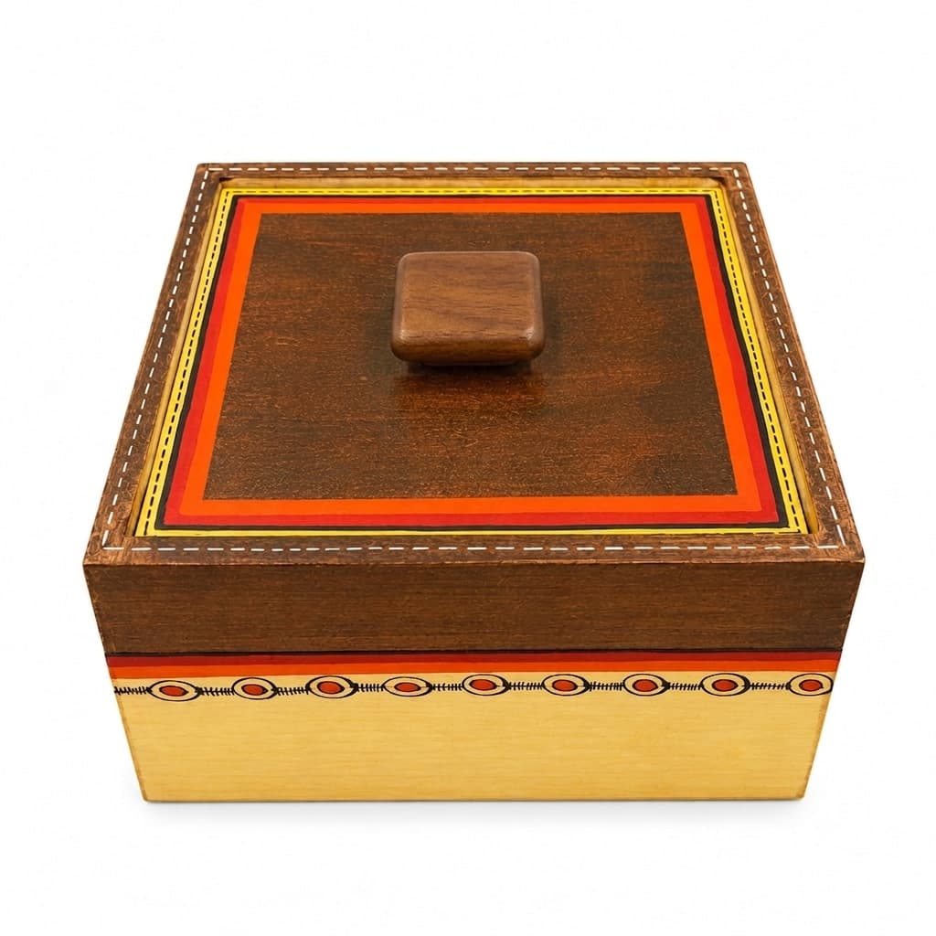 “Warli Trace Wooden Jewelry Box – Ivory & Brown With Hand-Painted Border”