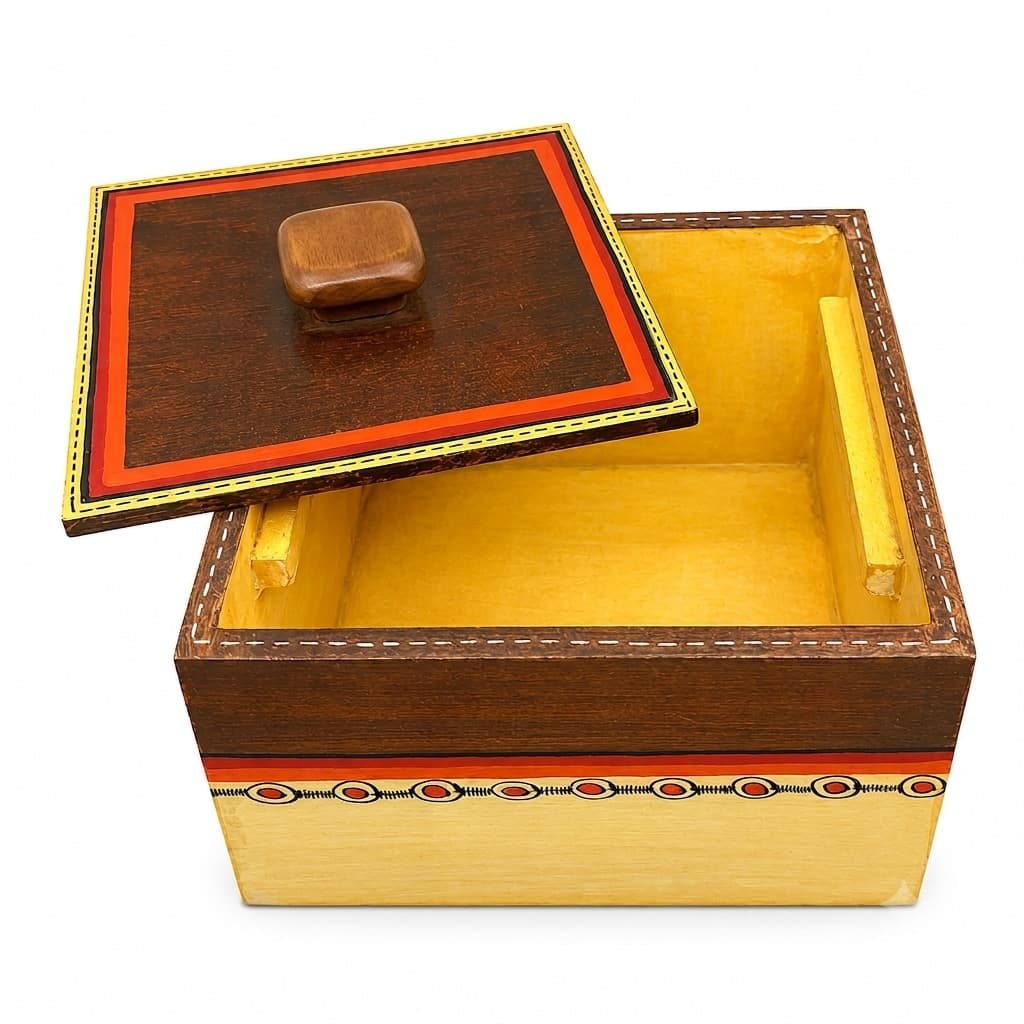 “Warli Trace Wooden Jewelry Box – Ivory & Brown With Hand-Painted Border”
