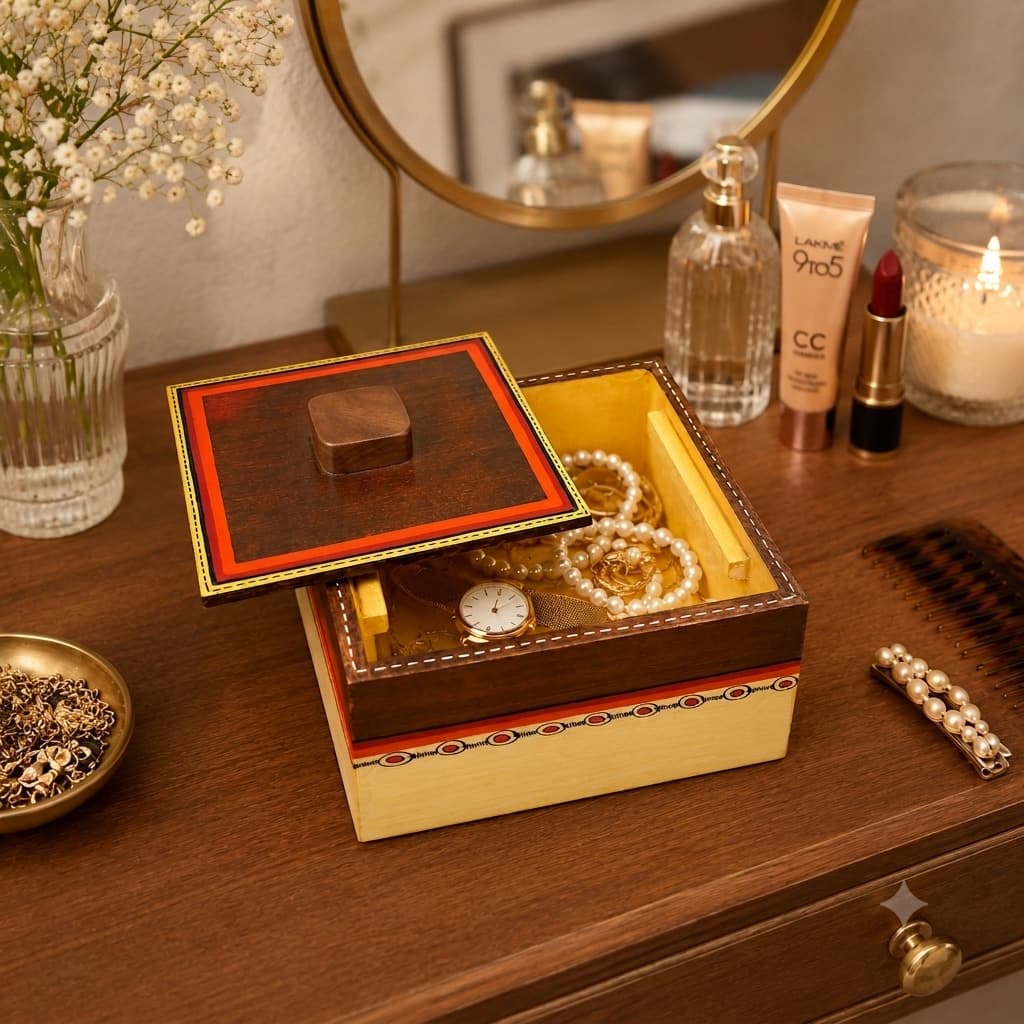 “Warli Trace Wooden Jewelry Box – Ivory & Brown With Hand-Painted Border”