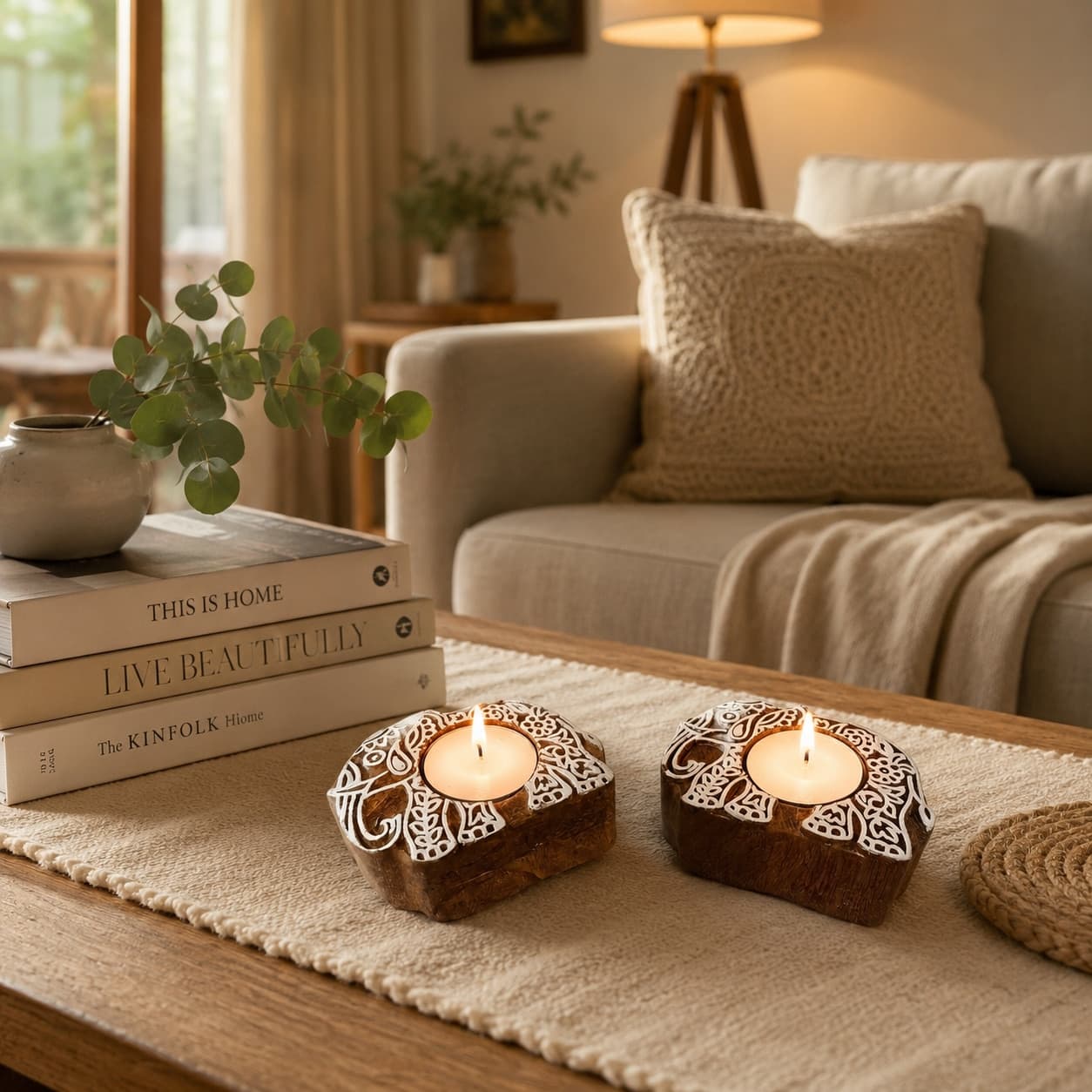 Hand-Carved Wooden Elephant Tealight Candle Holders (Set Of 2) – Rustic Mango Wood Diyas For Diwali, Home Decor & Gifting