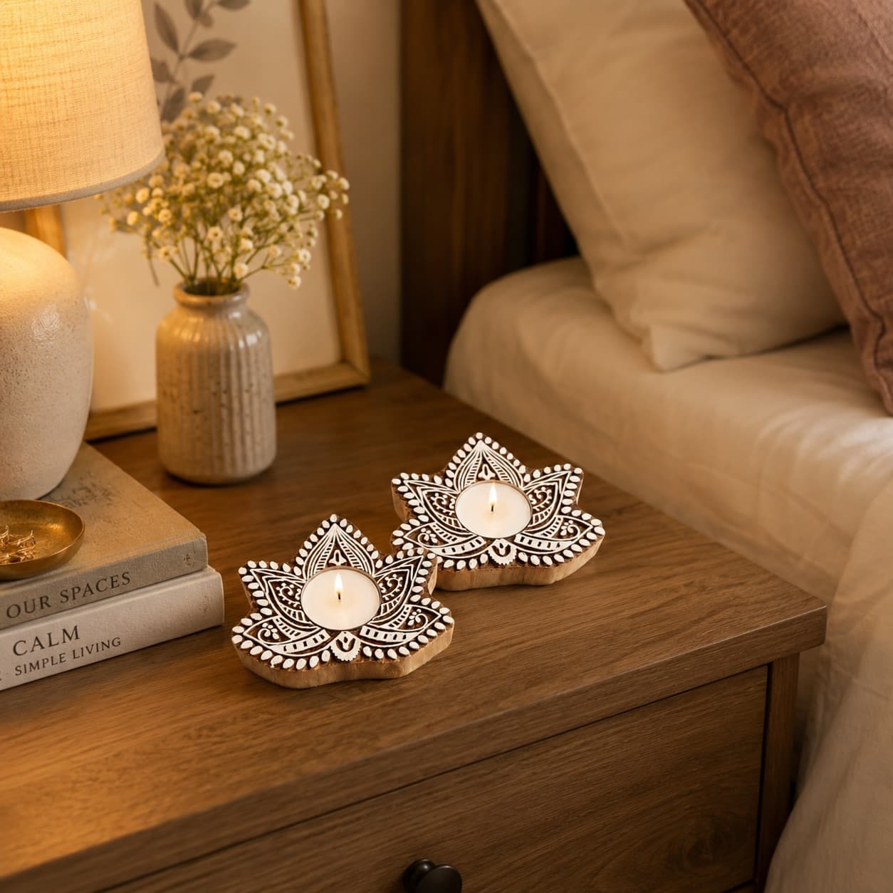 Hand-Carved Wooden Lotus Tealight Holders (Set of 2) – Mango Wood Diya Candle Holders with Mandala Design, Boho Home Decor for Diwali & Everyday Use