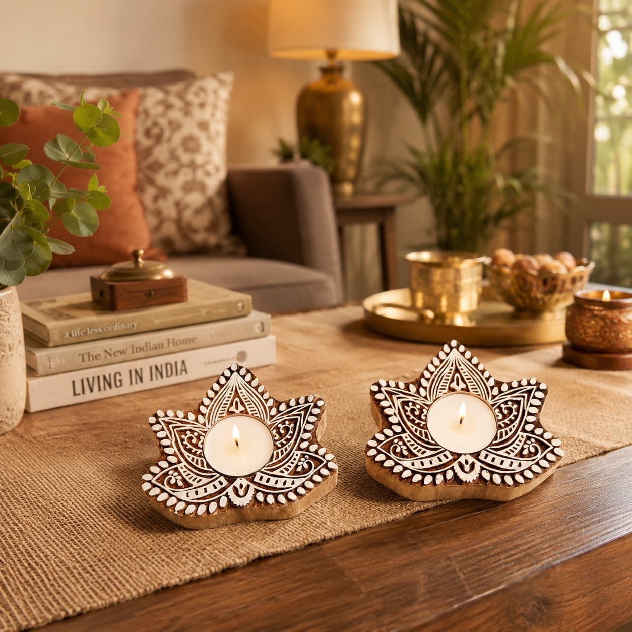 Hand-Carved Wooden Lotus Tealight Holders (Set of 2) – Mango Wood Diya Candle Holders with Mandala Design, Boho Home Decor for Diwali & Everyday Use