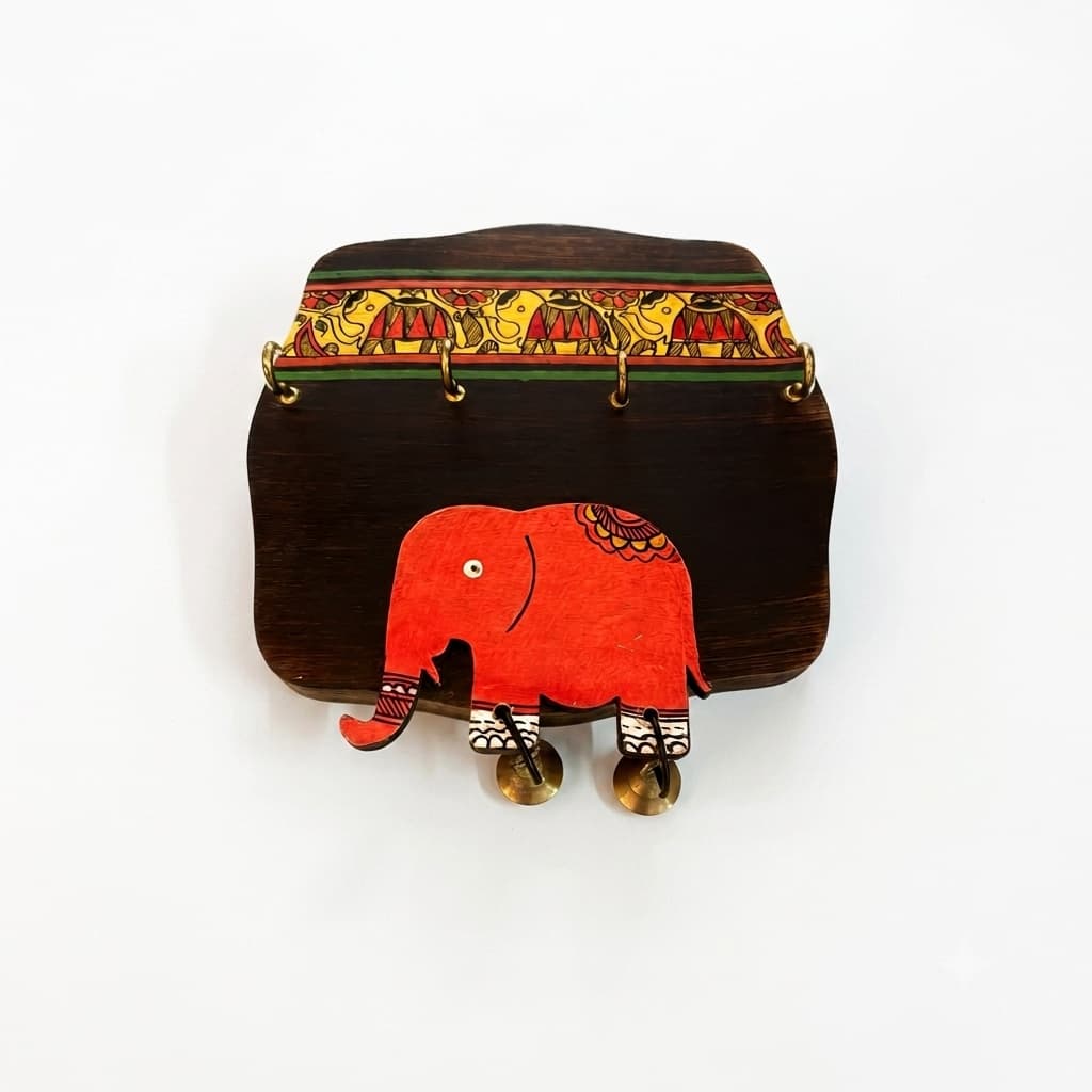 “Handcrafted Wooden Key Holder For Wall – Hand-Painted Elephant Design With 4 Brass Hooks & 2 Brass Bells”