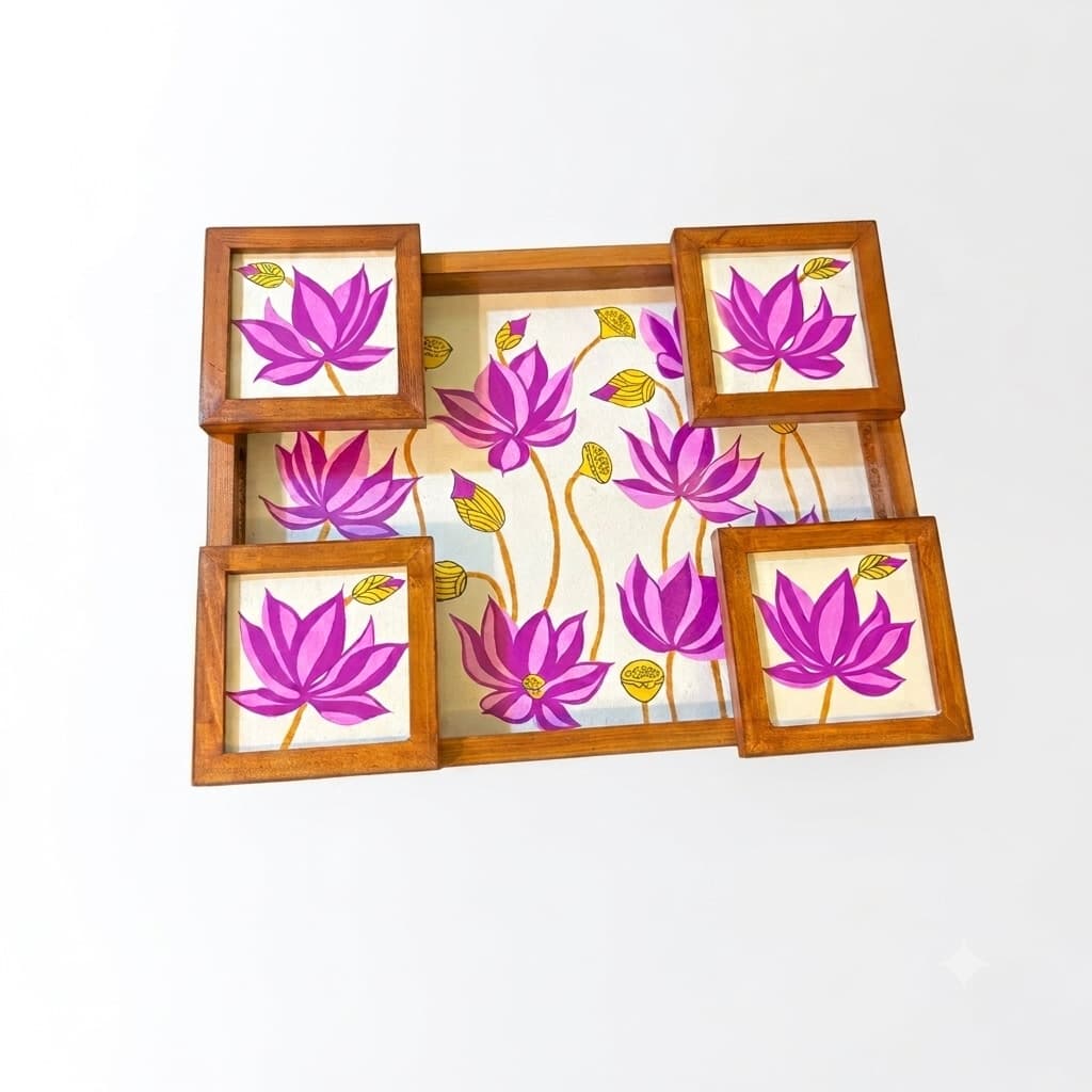 Rangriti Handpainted Teak Wood Lotus Serving Tray with 4 Coasters – Water-Resistant Pink Floral Tea/Coffee Tray Set for Dining, Home Décor & Gifting
