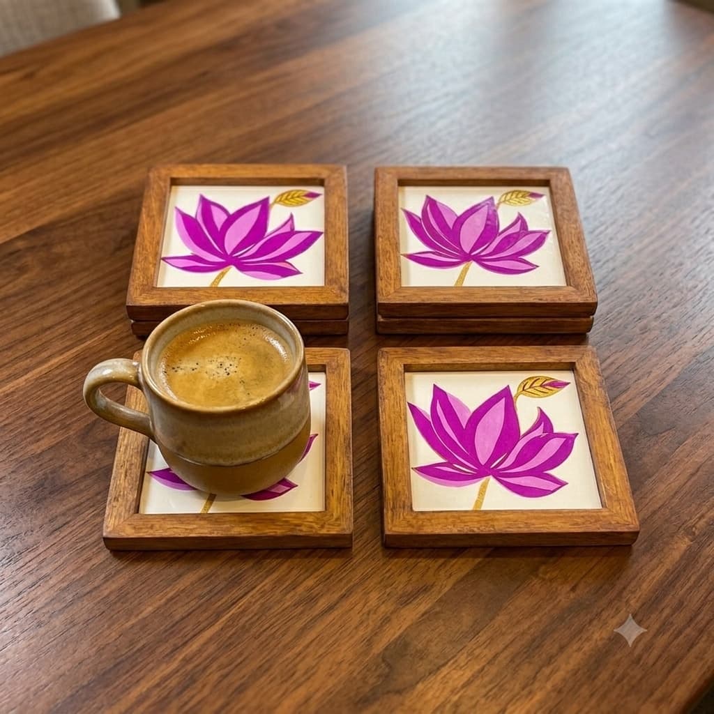 Rangriti Handpainted Teak Wood Lotus Serving Tray with 4 Coasters – Water-Resistant Pink Floral Tea/Coffee Tray Set for Dining, Home Décor & Gifting