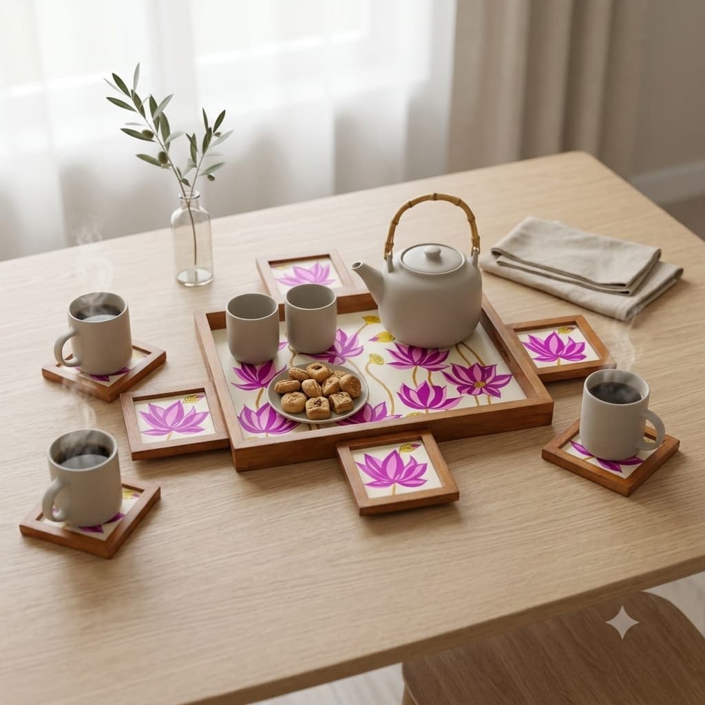 Rangriti Handpainted Teak Wood Lotus Serving Tray with 4 Coasters – Water-Resistant Pink Floral Tea/Coffee Tray Set for Dining, Home Décor & Gifting
