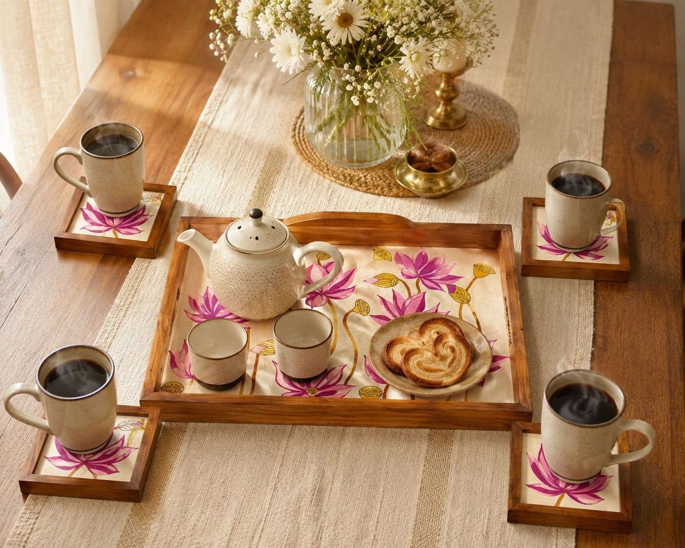 Rangriti Handpainted Teak Wood Lotus Serving Tray with 4 Coasters – Water-Resistant Pink Floral Tea/Coffee Tray Set for Dining, Home Décor & Gifting