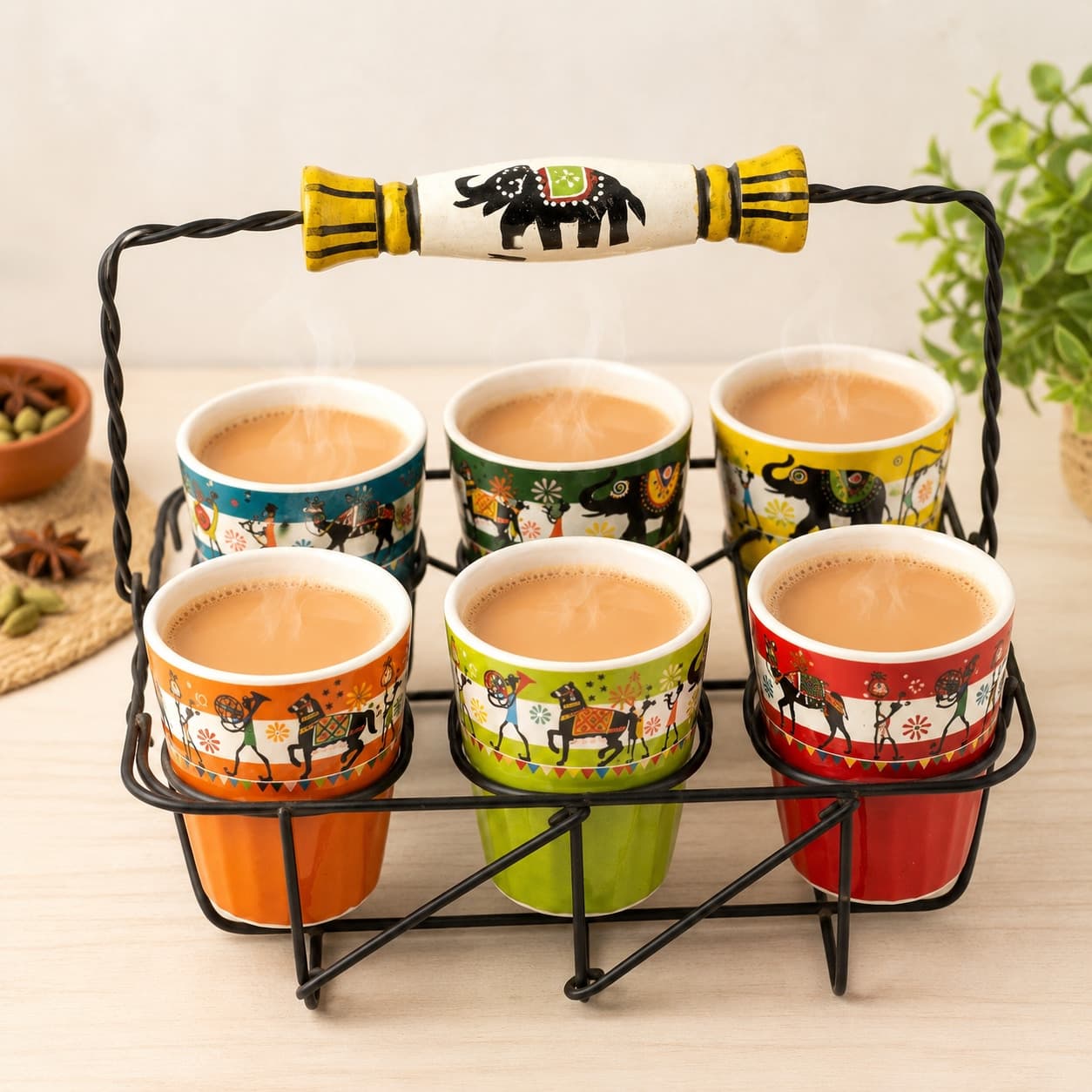 Rangotsav Hand-Painted Ceramic Chai Cutting Set (6 Cups + Iron Caddy) – Colourful Indian Folk Art Elephant-Handle Tea Serving Set For Home, Café & Gifting