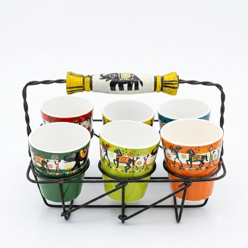 Rangotsav Hand-Painted Ceramic Chai Cutting Set (6 Cups + Iron Caddy) – Colourful Indian Folk Art Elephant-Handle Tea Serving Set For Home, Café & Gifting