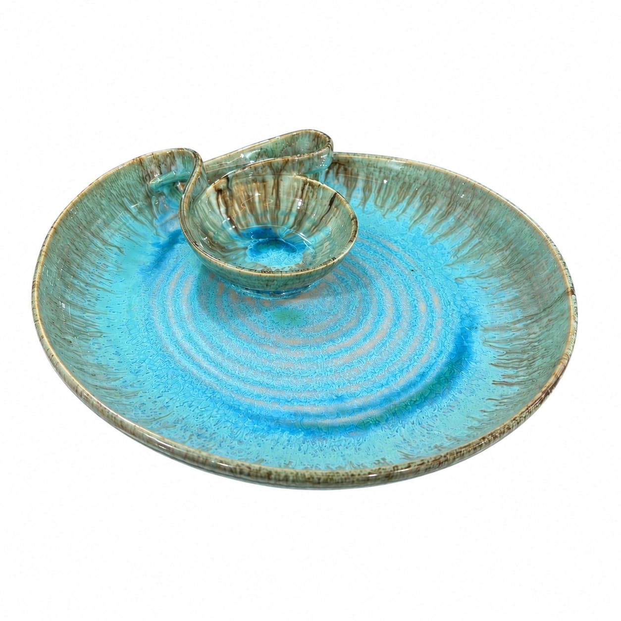 Sagarika Ceramic Chip & Dip Serving Platter – Ocean Blue Reactive Glaze (Attached Bowl)