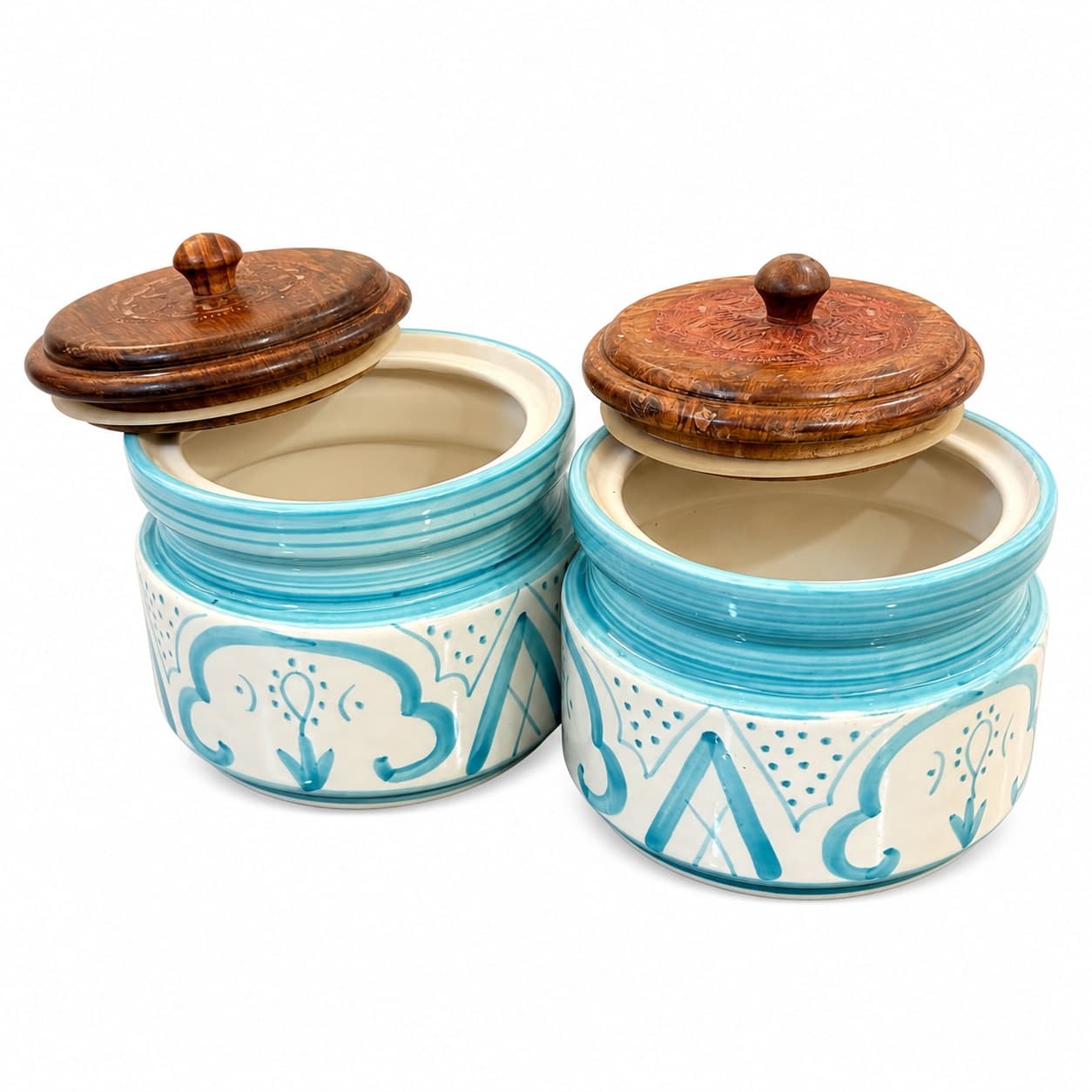 “Mrinmayi Ceramic Kitchen Canisters With Wooden Lids – Turquoise And Ivory Print (Set Of 2)” - Description For This Title