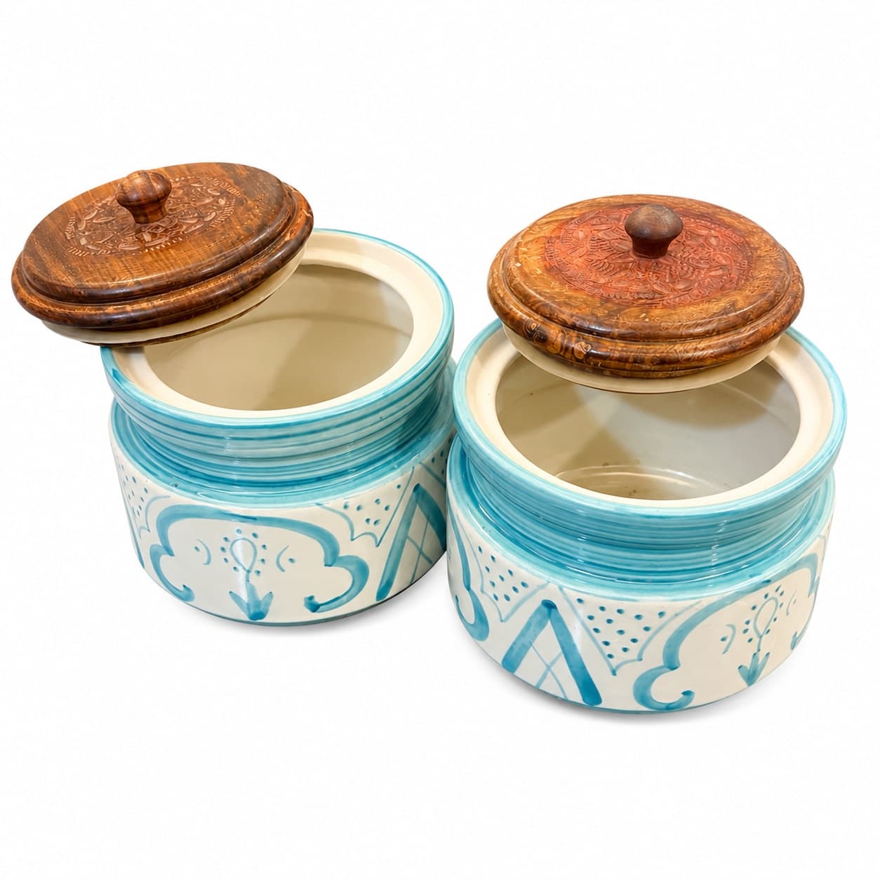 “Mrinmayi Ceramic Kitchen Canisters With Wooden Lids – Turquoise And Ivory Print (Set Of 2)” - Description For This Title