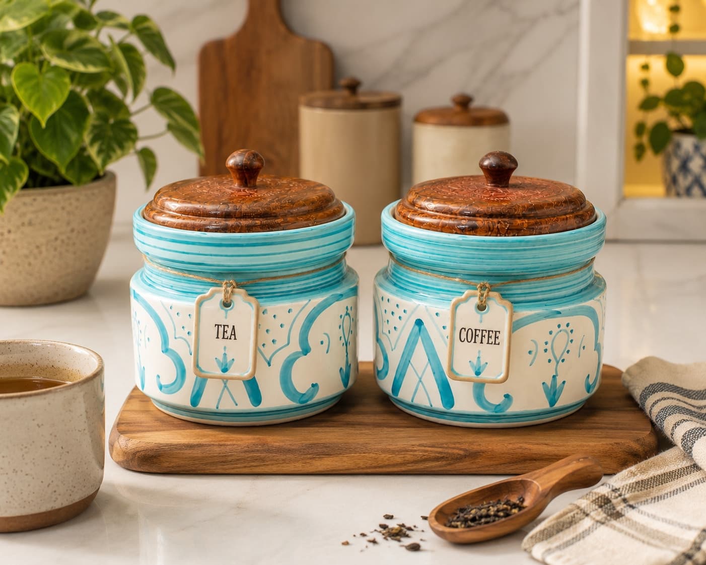“Mrinmayi Ceramic Kitchen Canisters With Wooden Lids – Turquoise And Ivory Print (Set Of 2)” - Description For This Title