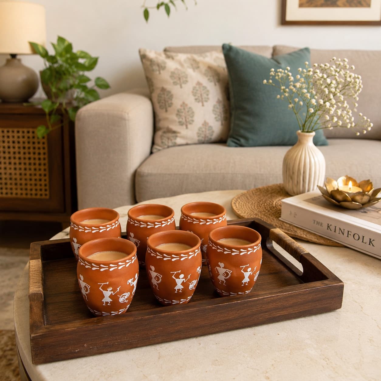 Mrinmayi Terracotta Kulhar Set – Warli Print (6 Pcs)