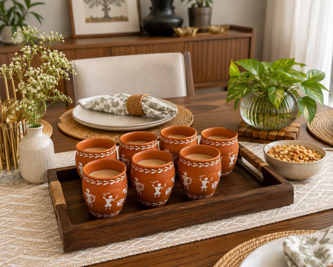 Mrinmayi Terracotta Kulhar Set – Warli Print (6 Pcs)